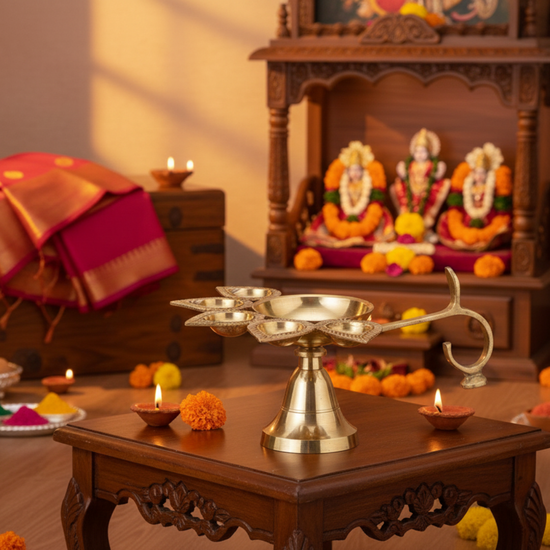 Brass Panch Aarti Diya | 5 Face Puja Lamp for Home Temple & Gifting | 220 gm