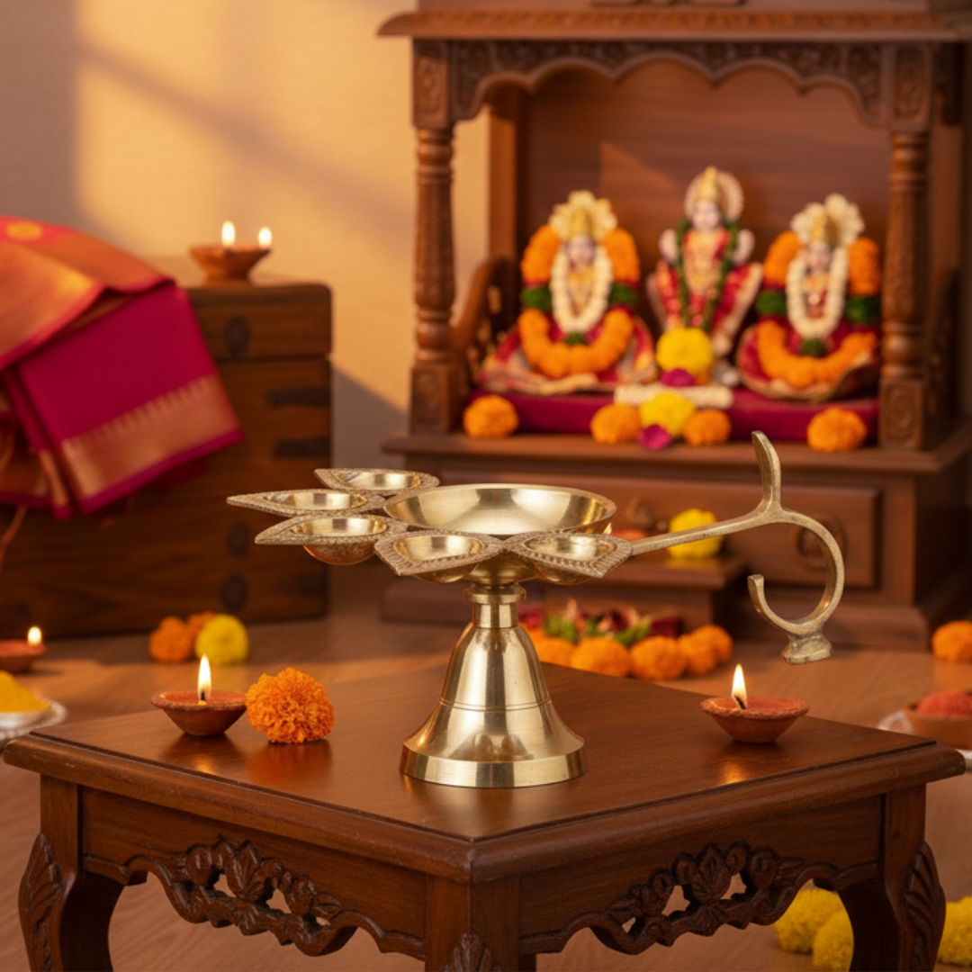 Brass Panch Aarti Diya | 5 Face Puja Lamp for Home Temple Use & Gifting| 250gm