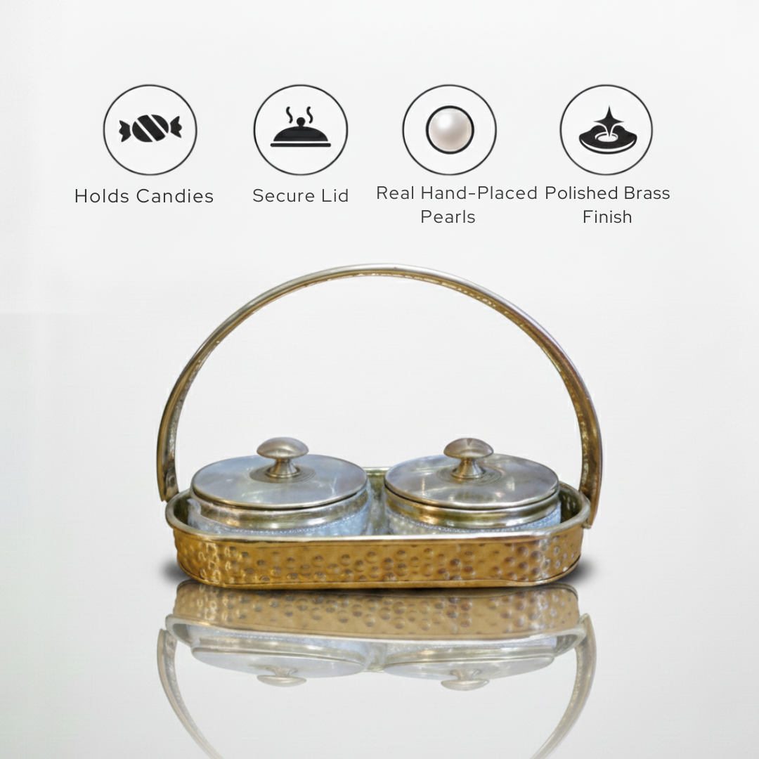 Pittal Brass Pearl Beaded Serving Set with 2 Bowls & Tray | Dry Fruit, Snacks, Gift Item