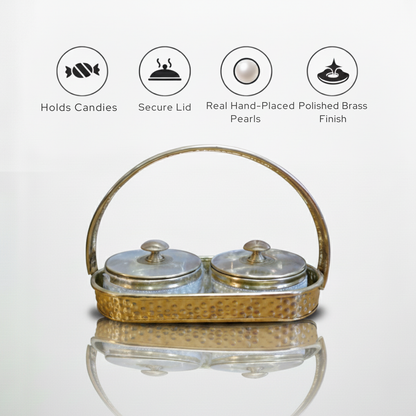 Pittal Brass Pearl Beaded Serving Set with 2 Bowls & Tray | Dry Fruit, Snacks, Gift Item
