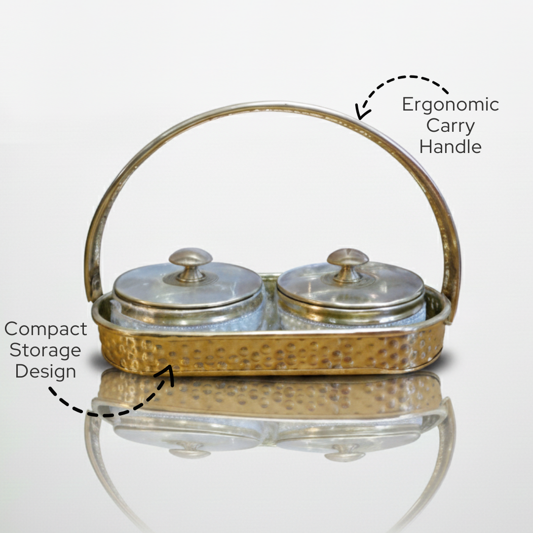 Pittal Brass Pearl Beaded Serving Set with 2 Bowls & Tray | Dry Fruit, Snacks, Gift Item