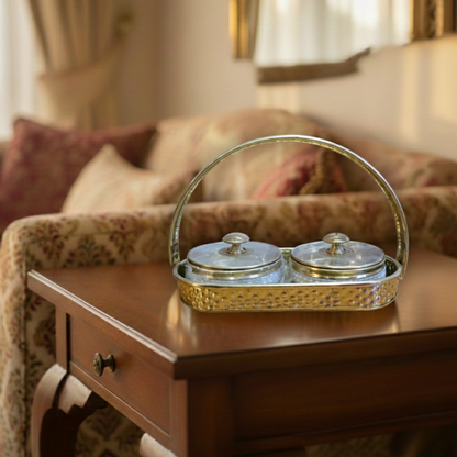Pittal Brass Pearl Beaded Serving Set with 2 Bowls & Tray | Dry Fruit, Snacks, Gift Item