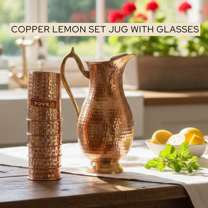 1L hand-hammered copper water jug with 6 glasses – eco-friendly, leak-resistant, insulated grip, hot & cold drinks