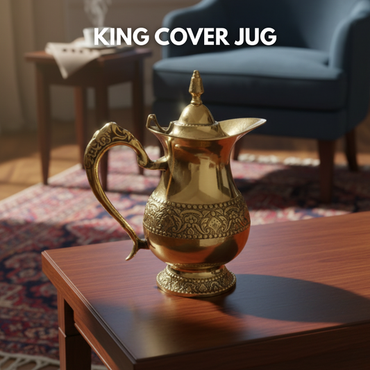 Elegant antique Pital water pot with intricate embossed floral patterns and a beautifully curved handle.