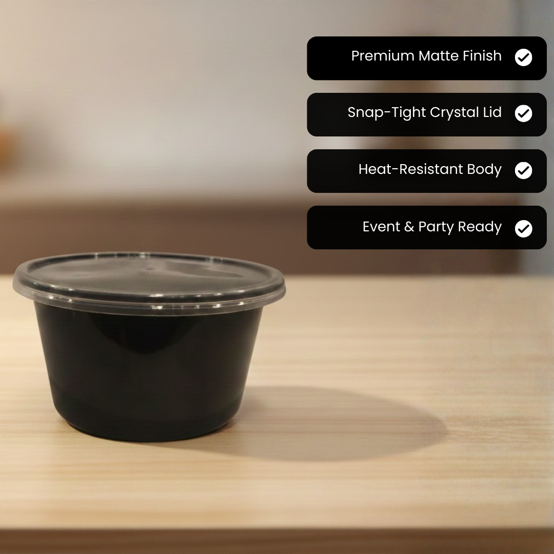 Round Black Food Container with Clear Lid | Airtight & Microwave Safe | 500 ml