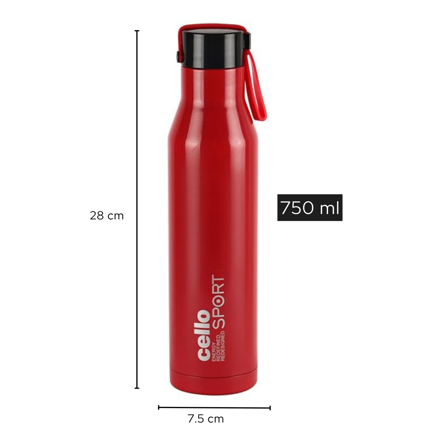 Cello Sport 750ml Stainless Steel Water Bottle | Leak-Proof, Durable & Stylish Sports Bottle | Red color