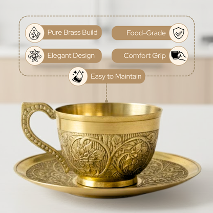 Brass Teacups | Pure Brass | Handcrafted | With Saucers | 3 Pcs