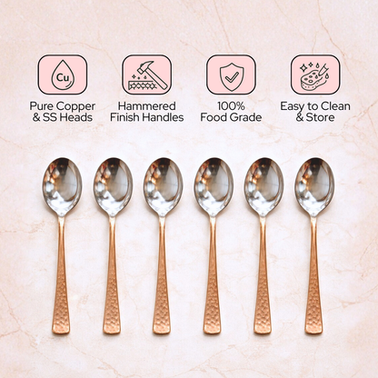 Premium Copper Spoons – Set of 6, Hammered Finish, Stainless Steel Bowl, Elegant Dining & Kitchen Utensils