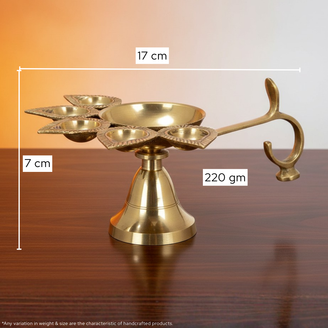 Brass Panch Aarti Diya | 5 Face Puja Lamp for Home Temple & Gifting | 220 gm
