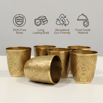 Pital Full Embossed Drinking Glasses | Ayurvedic Wellness Tumblers with Royal Design | 205gm each | 300ml capacity | set of 6
