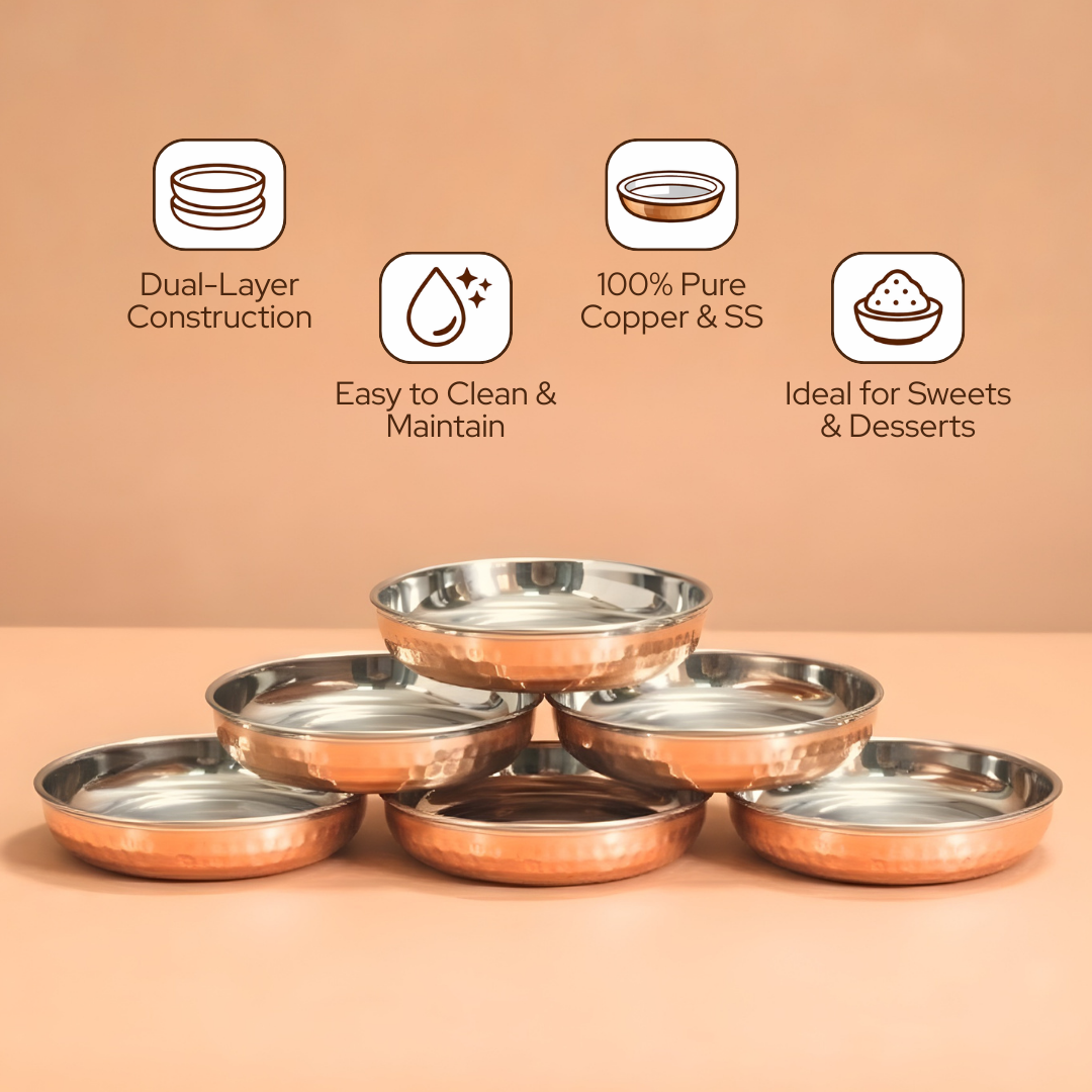 Copper Halwa Plates Set 6 pcs | Dual Layer Copper & Steel | 840 gm Total | 140 gm Each