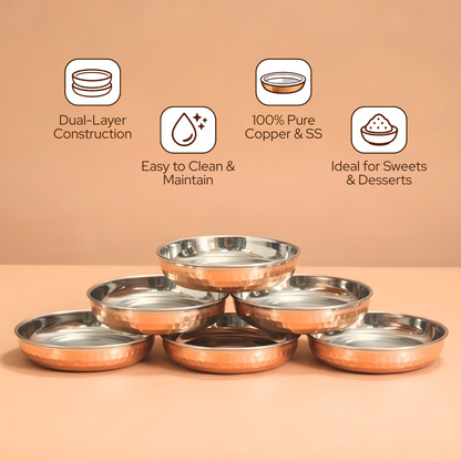 Copper Halwa Plates Set 6 pcs | Dual Layer Copper & Steel | 840 gm Total | 140 gm Each