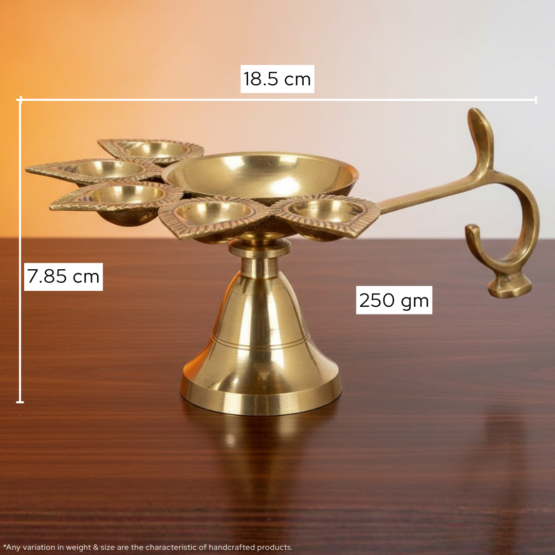 Brass Panch Aarti Diya | 5 Face Puja Lamp for Home Temple Use & Gifting| 250gm