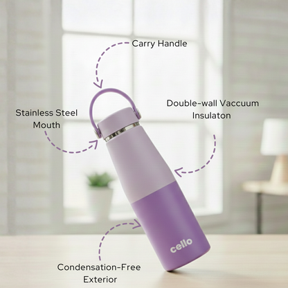Cello Duro Tuff Sling Purple water bottle | 500 ml | Insulated Stainless Steel | Easy to carry with handle