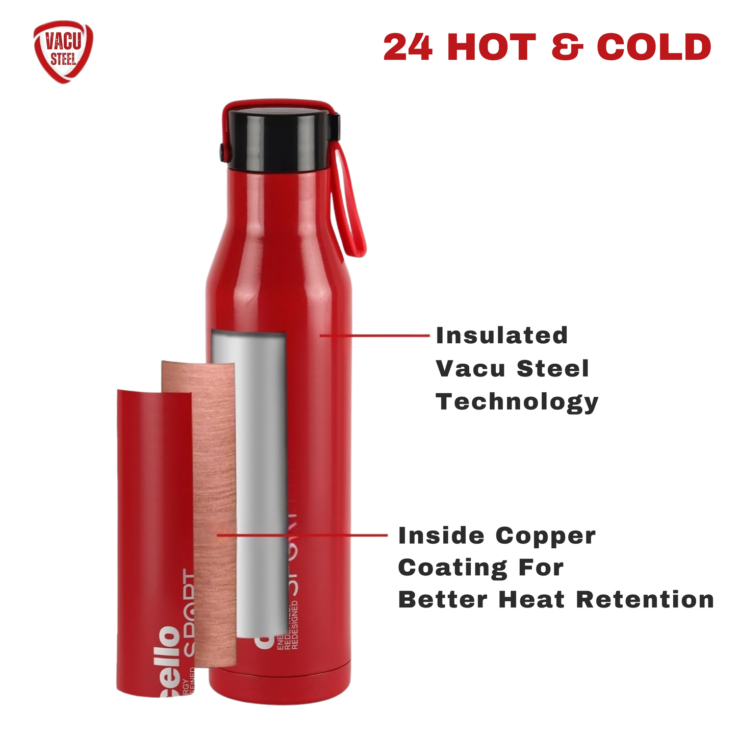 Cello Sport 750ml Stainless Steel Water Bottle | Leak-Proof, Durable & Stylish Sports Bottle | Red color