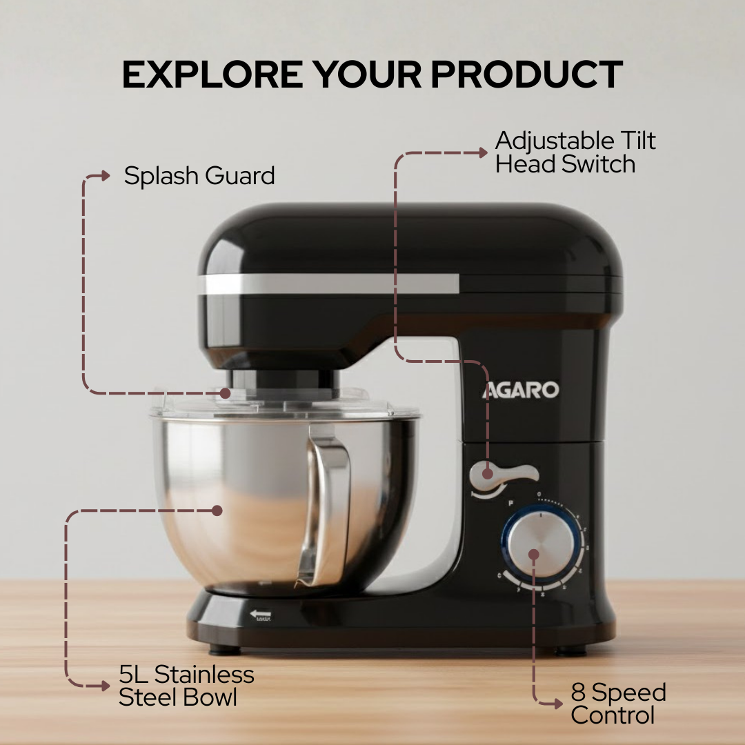 AGARO Royal Stand Mixer | 5L Stainless Steel Bowl | 8 Speed Control | Black |  1000W