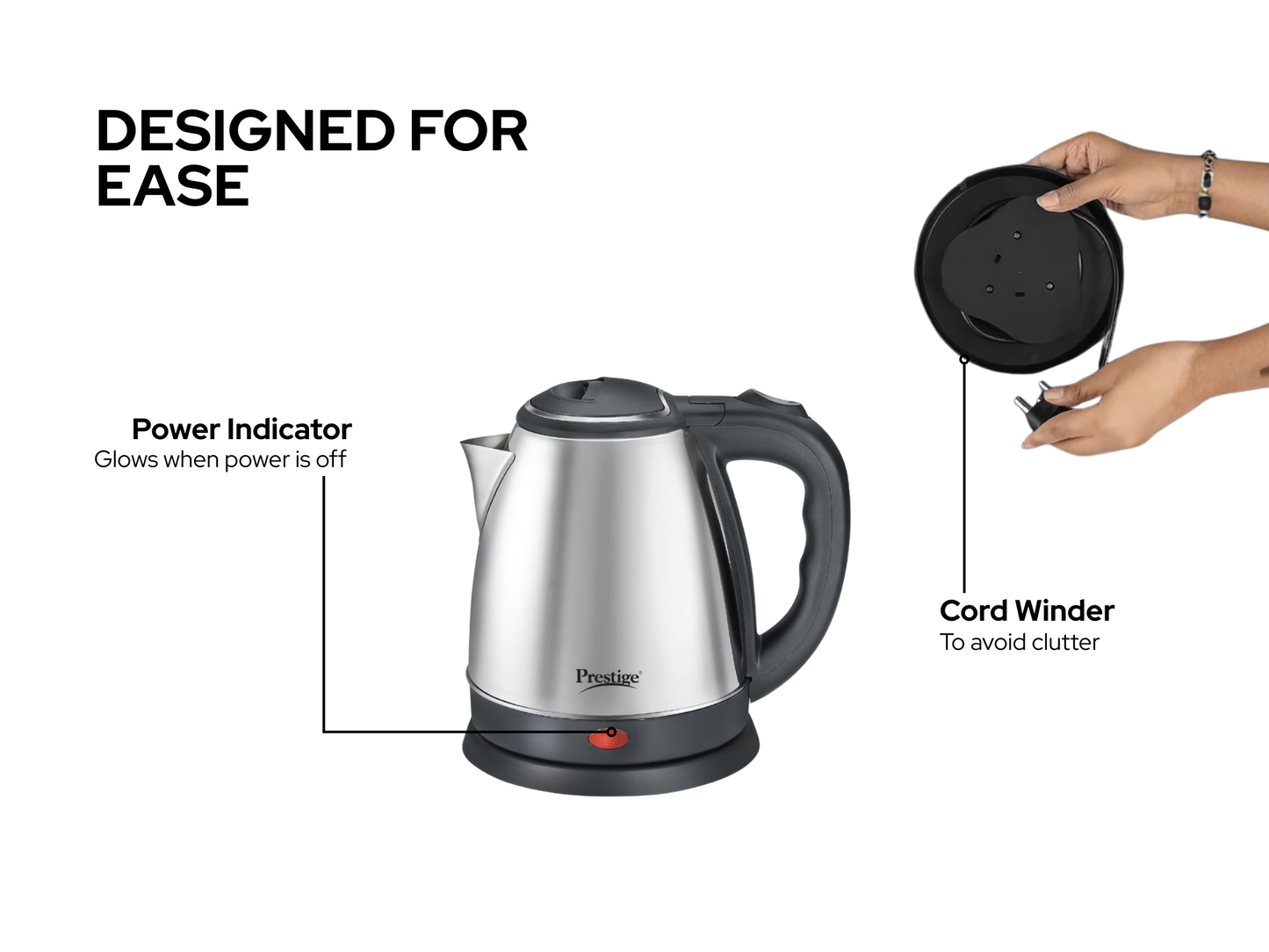 Prestige 1.5L| Stainless Steel Electric Kettle|  Automatic Cut-Off and Single-Touch Lid Locking