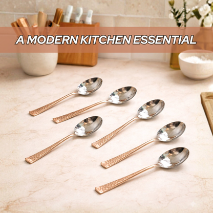 Premium Copper Spoons – Set of 6, Hammered Finish, Stainless Steel Bowl, Elegant Dining & Kitchen Utensils