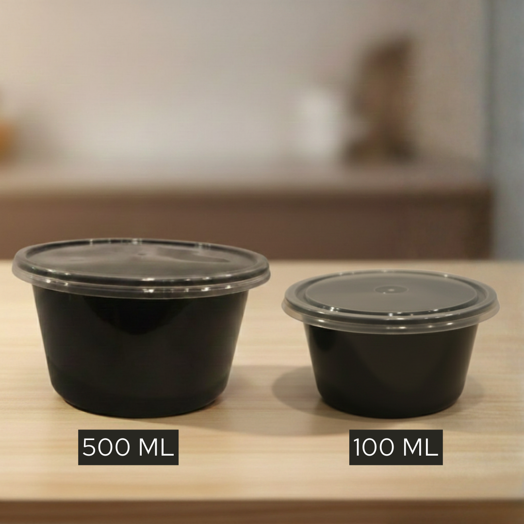 Round Black Food Container with Clear Lid | Airtight & Microwave Safe | 500 ml
