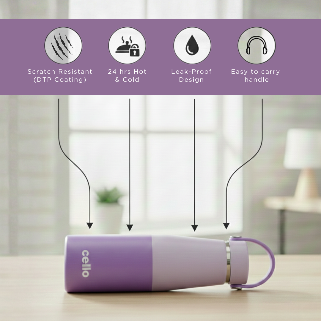 Cello Duro Tuff Sling Purple water bottle | 500 ml | Insulated Stainless Steel | Easy to carry with handle