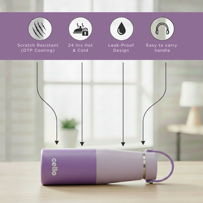 Cello Duro Tuff Sling Purple water bottle | 500 ml | Insulated Stainless Steel | Easy to carry with handle