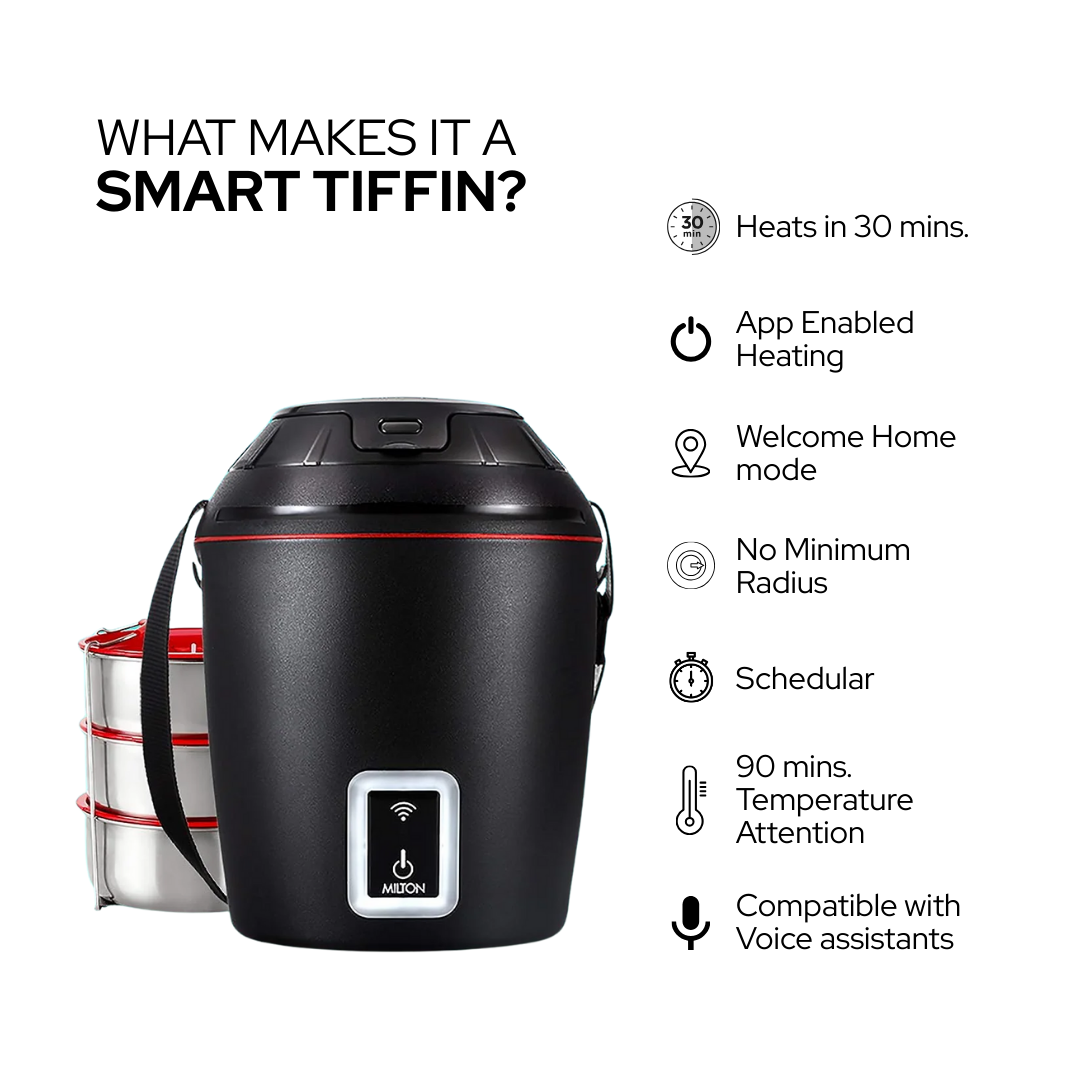 Milton Smart Electric Lunch Box | Use Smartphone App to Heat-On-the-Go Tiffin | 3 units (300 ml each)