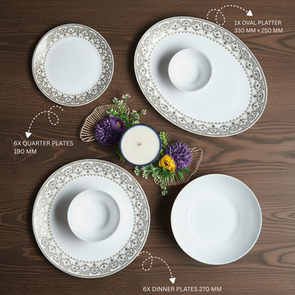 Solitaire Opalware Dinner Set | Elegant, Durable & Lightweight Dinnerware |27Pcs | Color- Ornate Gold