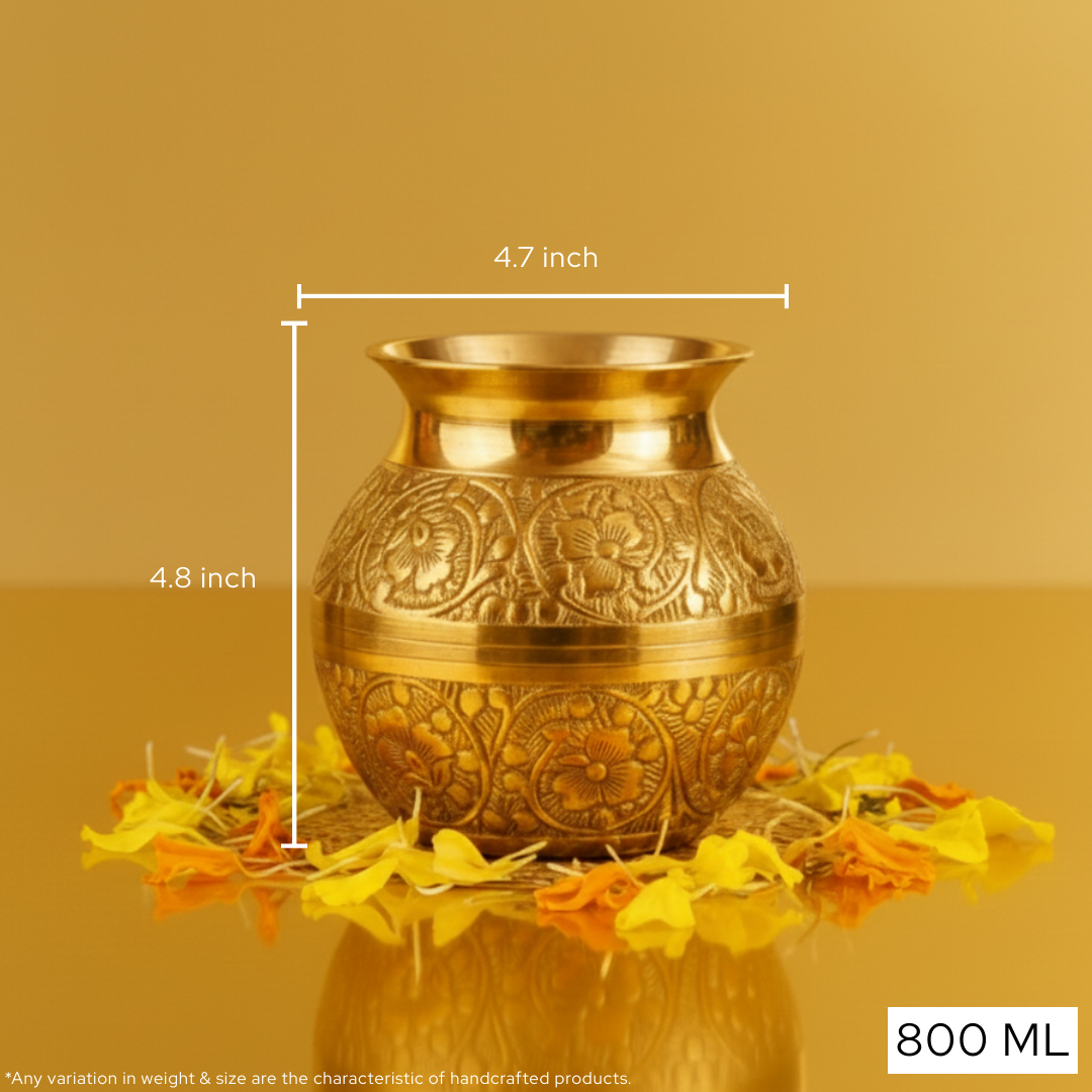 Embossed Pital Kalash | Premium Brass Kalash for Hindu Rituals & Mandir Pooja | 800ml