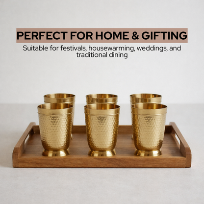 Ayurvedic Brass / Pital Hammered Drinking Glasses – Traditional Wellness Tumblers for Daily Use | set of 6 glasses | 210gm each | 275ml