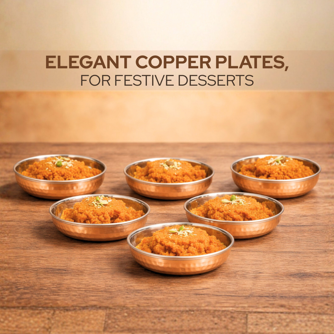 Copper Halwa Plates Set 6 pcs | Dual Layer Copper & Steel | 840 gm Total | 140 gm Each