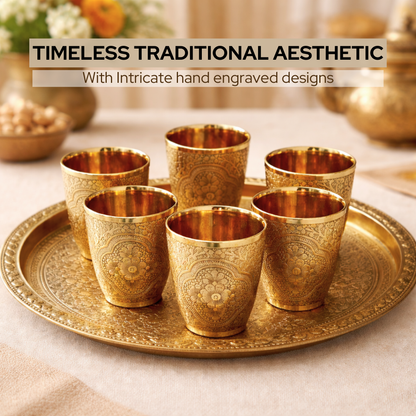Pital Full Embossed Drinking Glasses | Ayurvedic Wellness Tumblers with Royal Design | 205gm each | 300ml capacity | set of 6