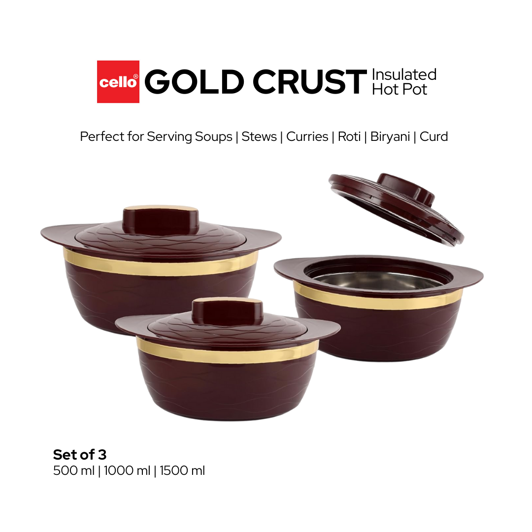 Cello 3 Pc Casserole Set | Double Wall Insulated | For Roti, Chapati & Rice | 500ml, 1L & 1.5L