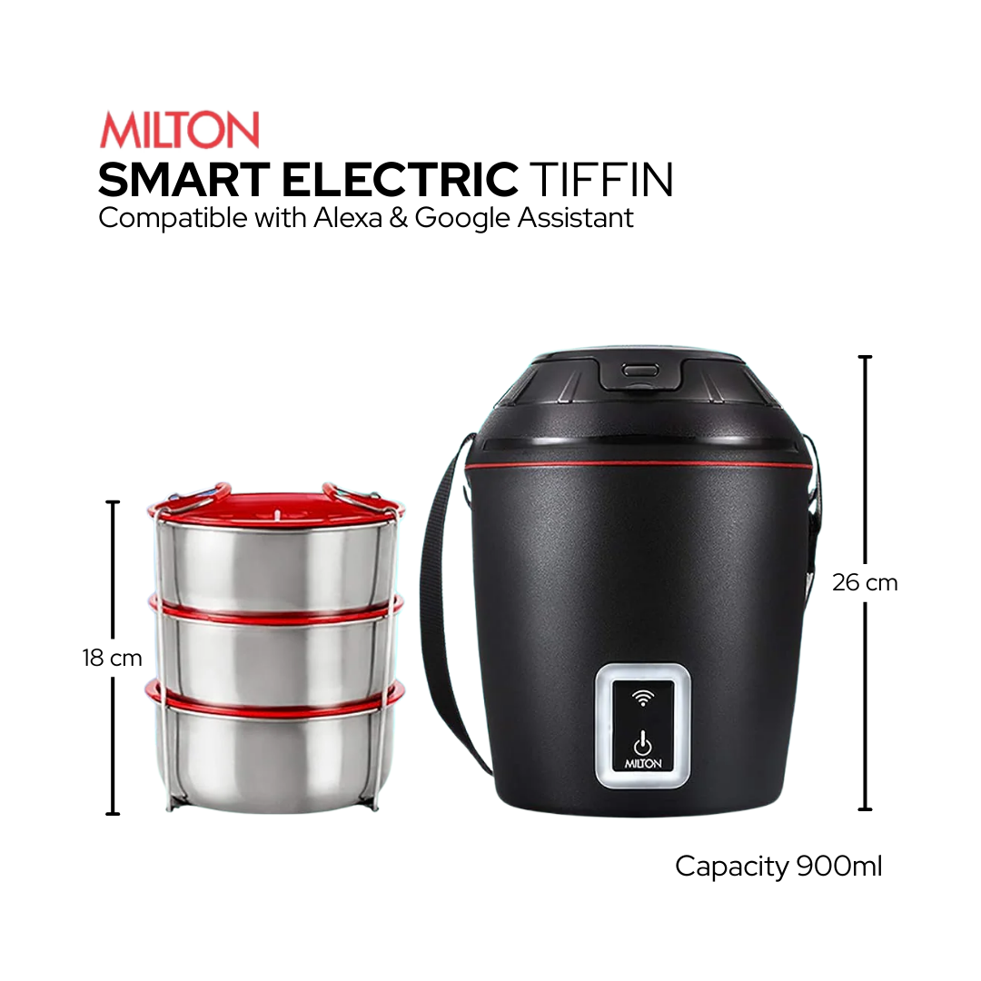 Milton Smart Electric Lunch Box | Use Smartphone App to Heat-On-the-Go Tiffin | 3 units (300 ml each)