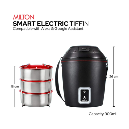 Milton Smart Electric Lunch Box | Use Smartphone App to Heat-On-the-Go Tiffin | 3 units (300 ml each)