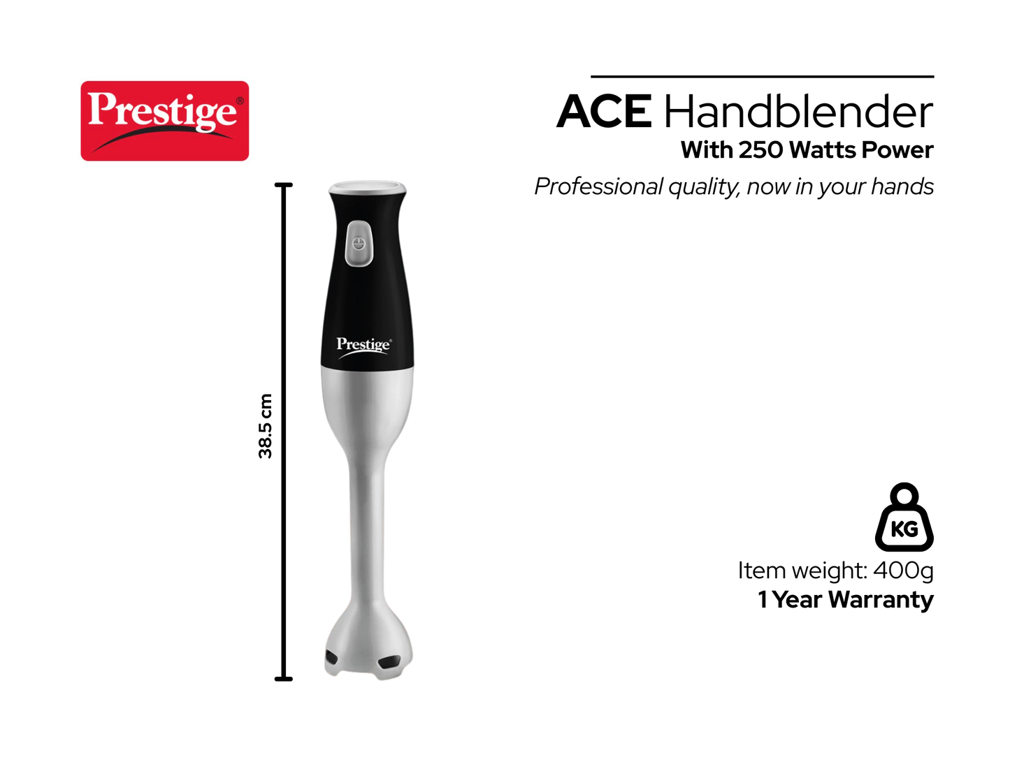 Prestige Ace 250W Hand Blender | Comfortable Grip & Stainless Steel Shaft – Black & Silver (41052)