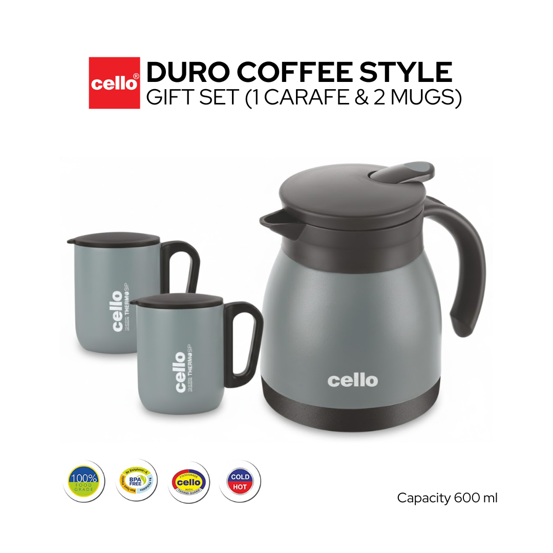 Cello Duro Coffee Style Set | 600ml Carafe with 2 Double Wall Mugs | Premium Insulated Set
