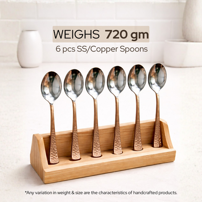 Premium Copper Spoons – Set of 6, Hammered Finish, Stainless Steel Bowl, Elegant Dining & Kitchen Utensils