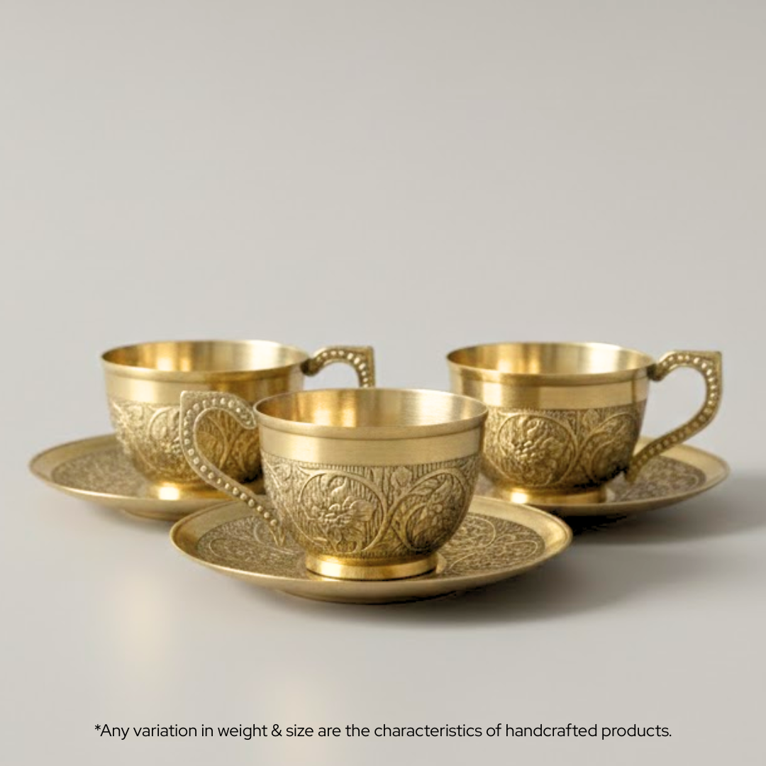 Brass Teacups | Pure Brass | Handcrafted | With Saucers | 3 Pcs