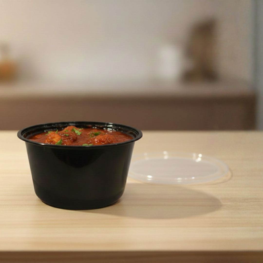Round Black Food Container with Clear Lid | Airtight & Microwave Safe | 500 ml