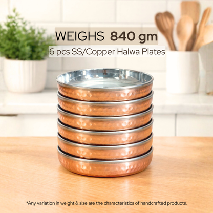 Copper Halwa Plates Set 6 pcs | Dual Layer Copper & Steel | 840 gm Total | 140 gm Each