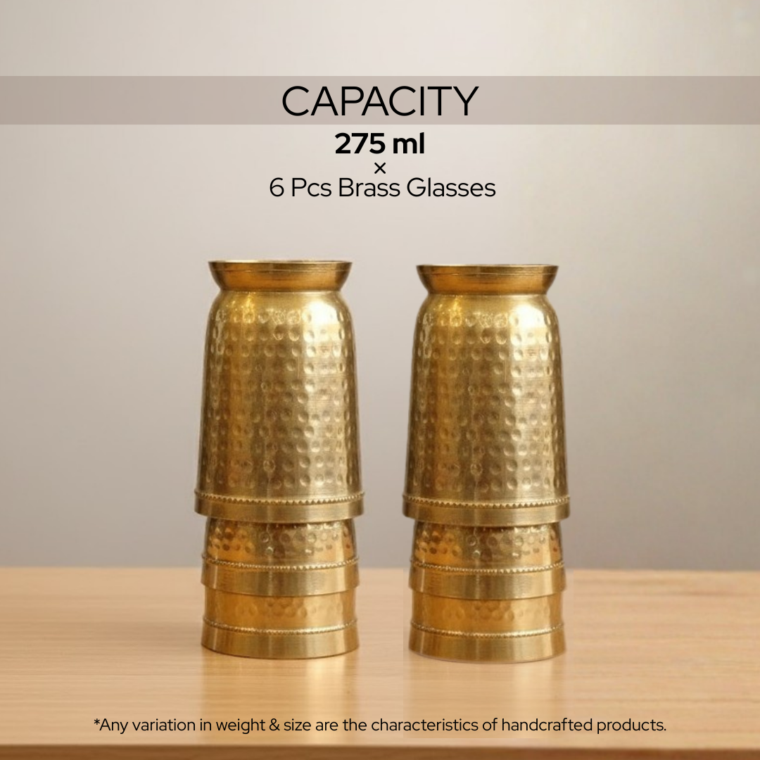 Ayurvedic Brass / Pital Hammered Drinking Glasses – Traditional Wellness Tumblers for Daily Use | set of 6 glasses | 210gm each | 275ml