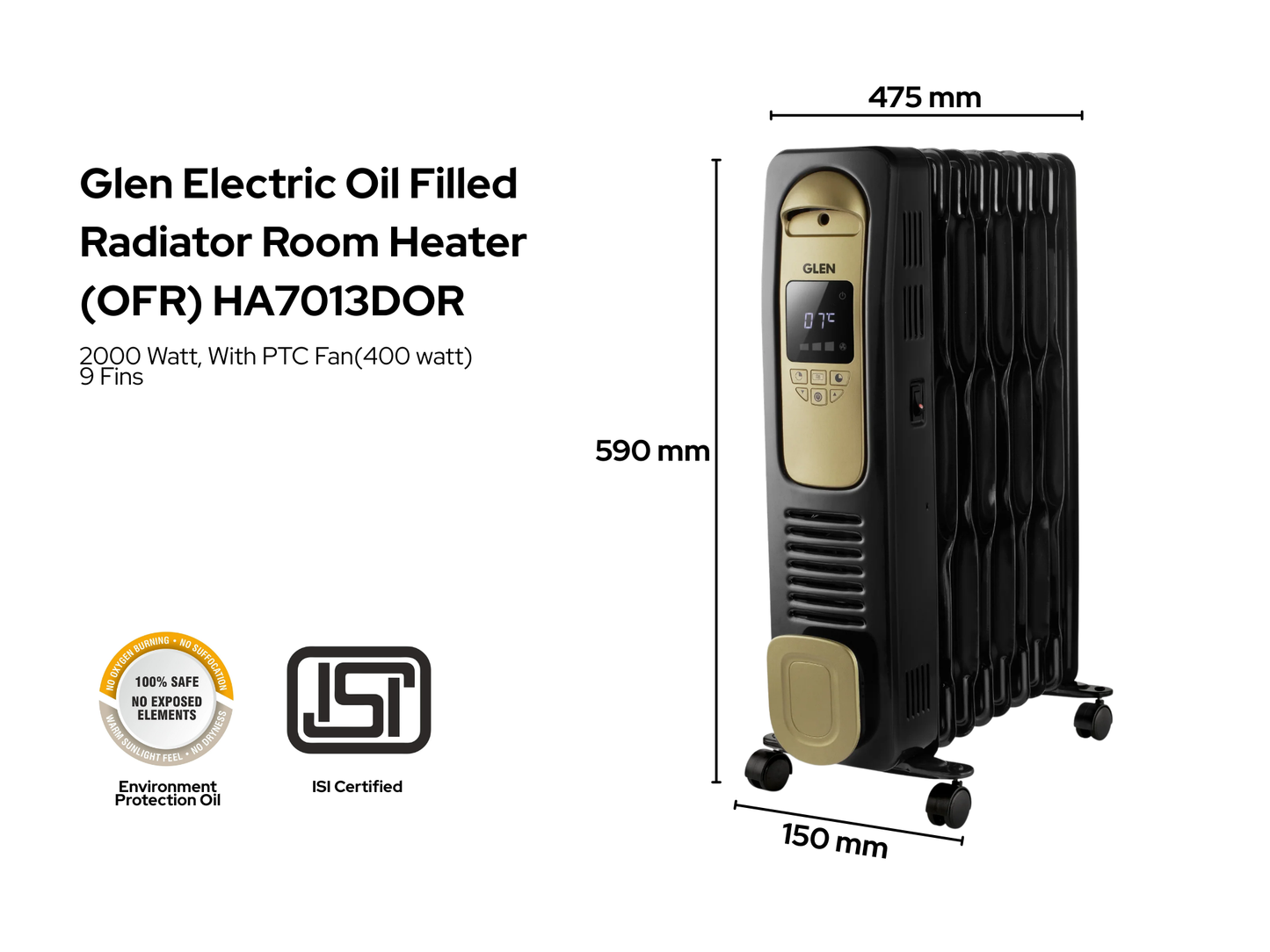 Glen Electric Oil Filled Radiator| 9/11/13 Fin - HA7013DOR| Digital Room Heater
