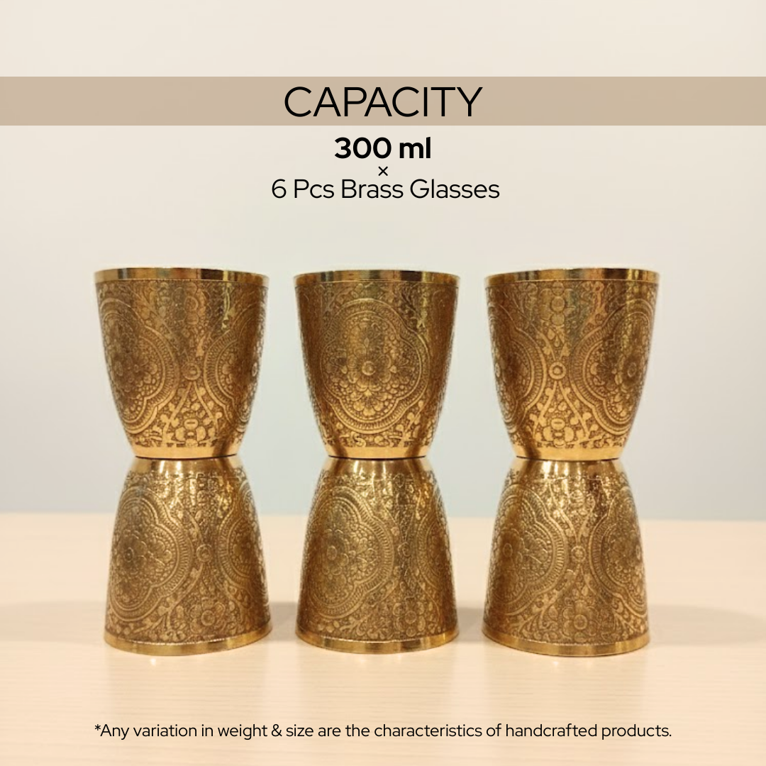 Pital Full Embossed Drinking Glasses | Ayurvedic Wellness Tumblers with Royal Design | 205gm each | 300ml capacity | set of 6