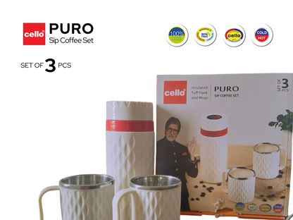 Cello Puro SIP Coffee Set 3 PCS Insulated Tuff Flask and Mugs