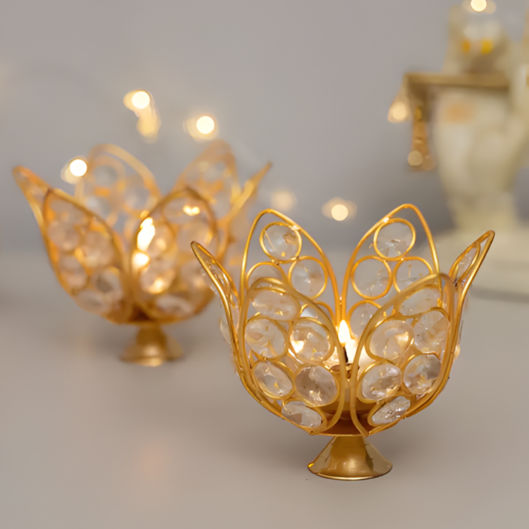 Brass Crystal Bowl Akhand Diya| Premium Decorative Oil Lamp| Golden color| 1  piece