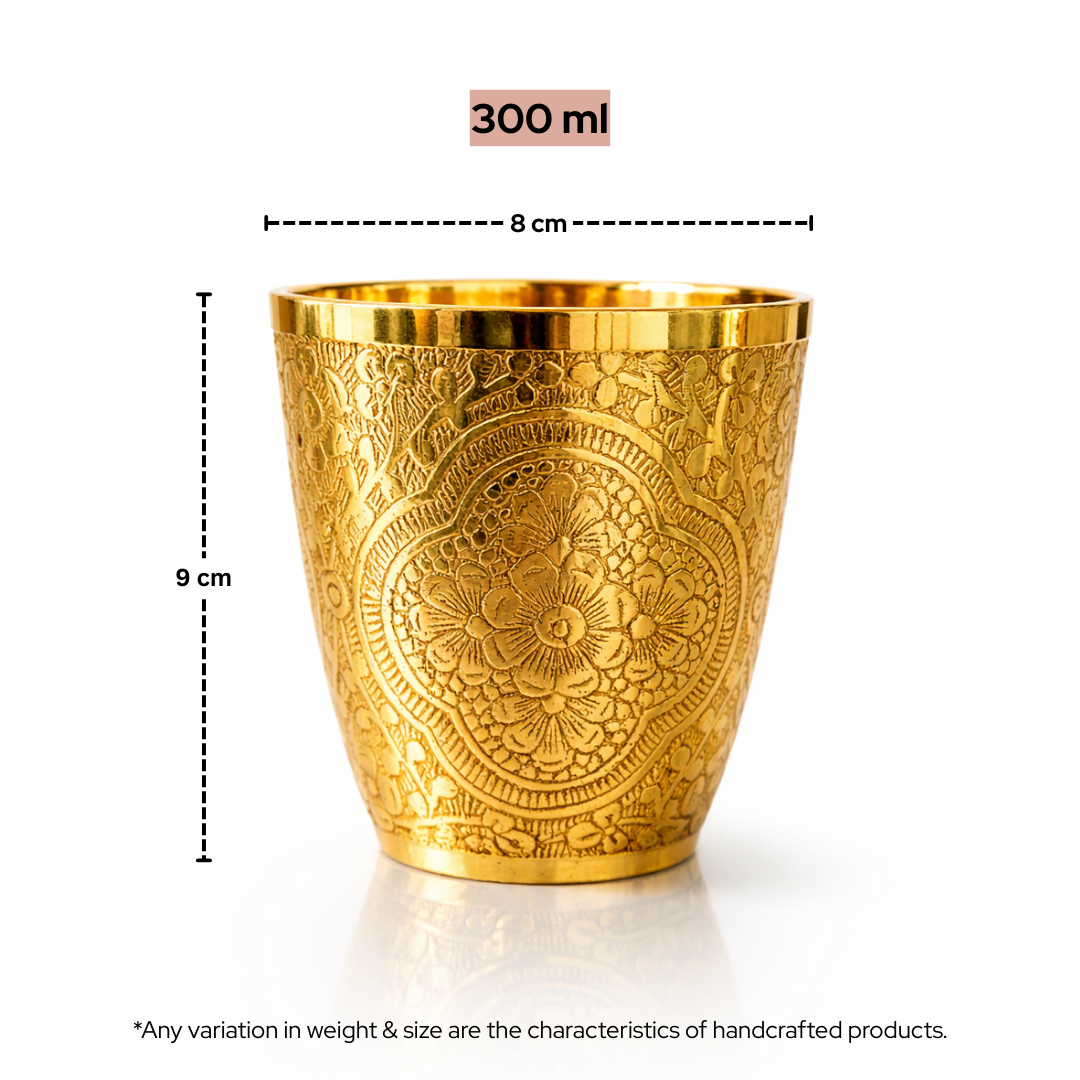 Pital Full Embossed Drinking Glasses | Ayurvedic Wellness Tumblers with Royal Design | 205gm each | 300ml capacity | set of 6