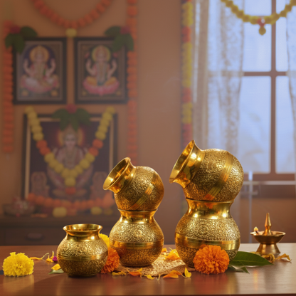 Embossed Pital Kalash | Large Brass Kalash for Wedding Rituals & Ceremonies | 1000ml