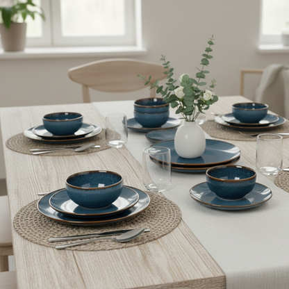 Handcrafted Stoneware Dinner Set 18 Pcs | Microwave Safe | Greenish Blue