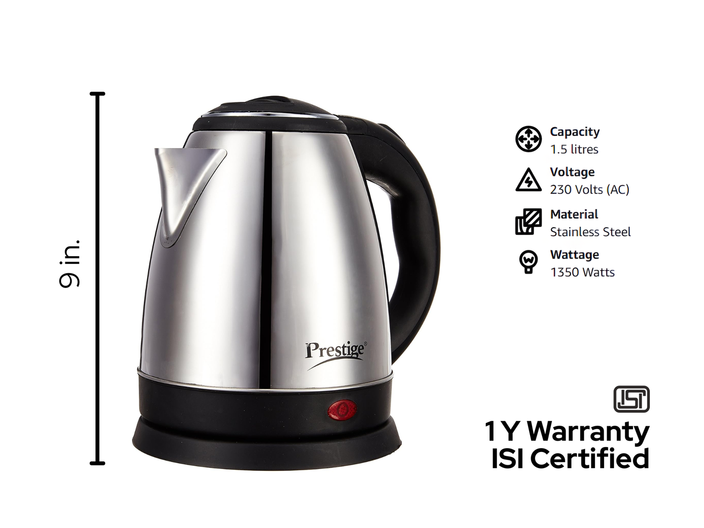 Prestige 1.5L| Stainless Steel Electric Kettle|  Automatic Cut-Off and Single-Touch Lid Locking