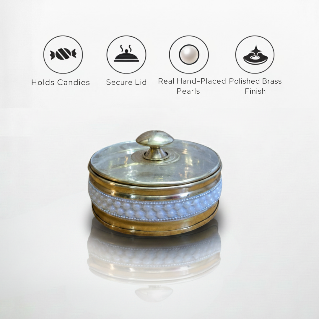 Pittal Brass Pearl Beaded Serving Set with 2 Bowls & Tray | Dry Fruit, Snacks, Gift Item
